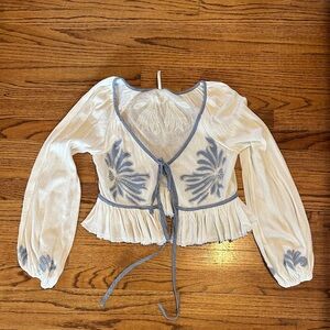 Free People White Blouse with Blue Embroidery